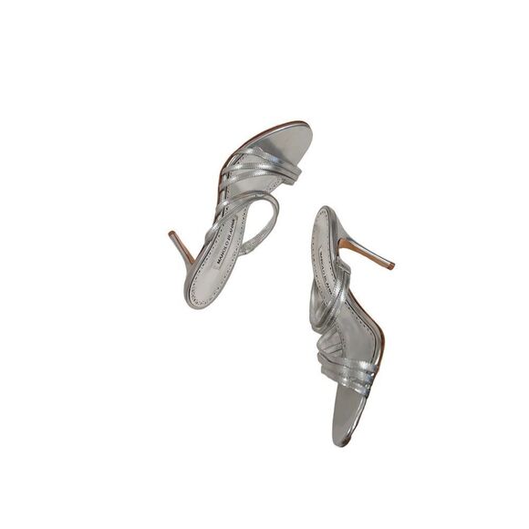 Manolo Blahnik Silver Leather Strappy Mule Heels 37.5 - Picture 1 of 12